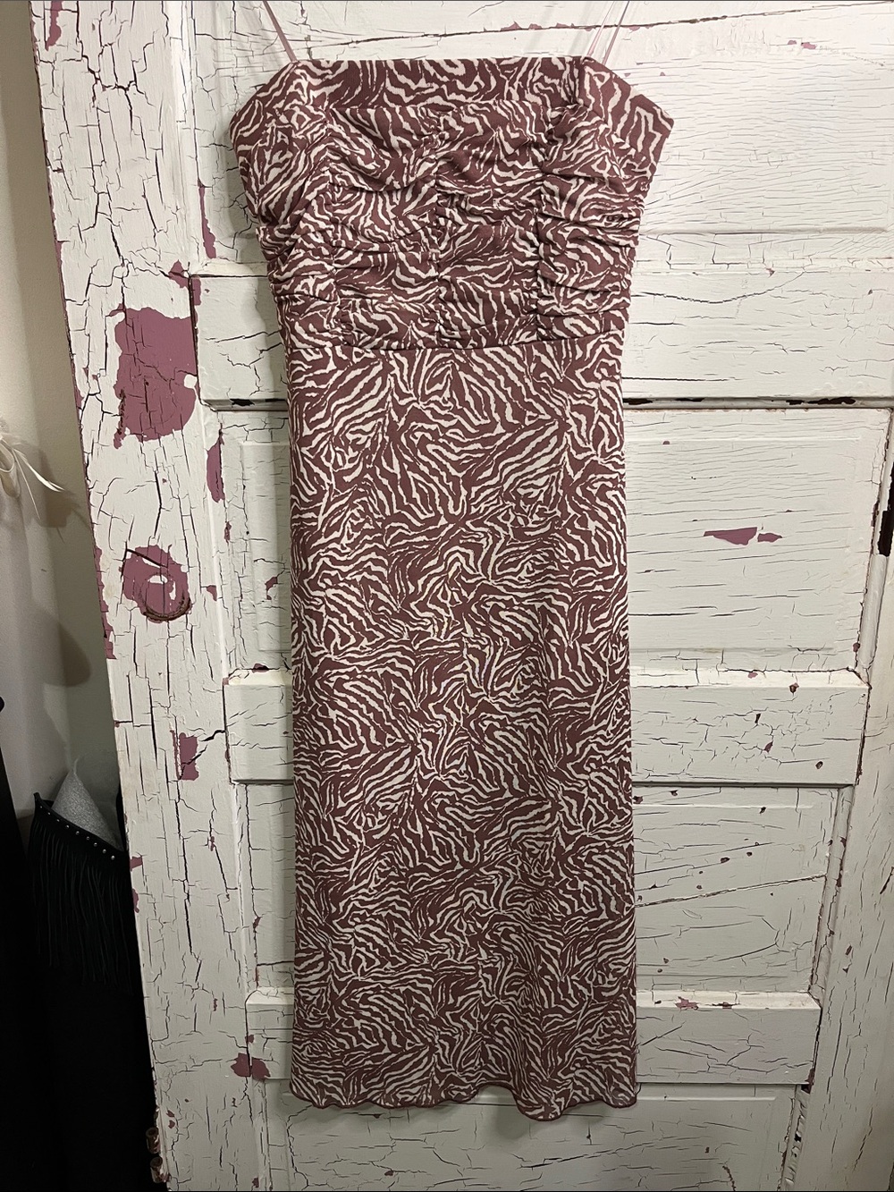 KIRIOUS Los Angeles Strapless Mauve and Cream Zebra-Print Maxi Dress Sz Small